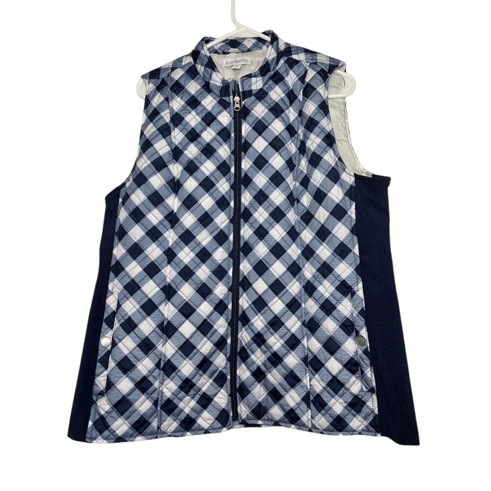Plaid Quilted Vest Womens XL Navy Blue And White Sleeveless Jacket Full‎ Zip